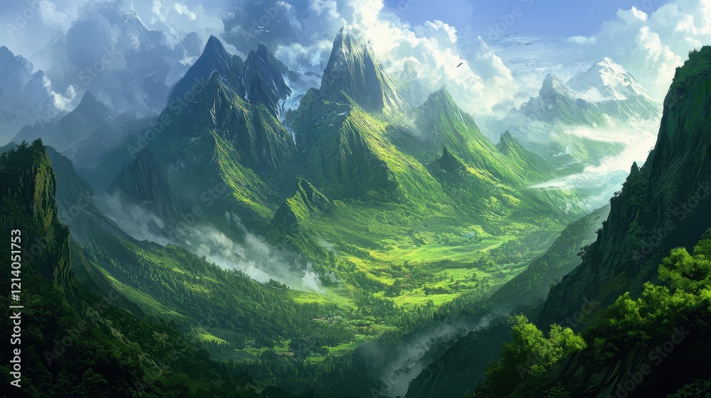 Fototapeta premium Majestic Mountain Range with Lush Green Valley and Dramatic Clouds, Digital Painting.
