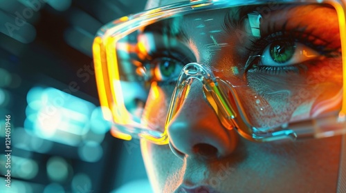 Wallpaper Mural woman's eye behind vibrant, glowing protective goggles, reflecting advanced technology, innovation, and the essence of cutting-edge science Torontodigital.ca