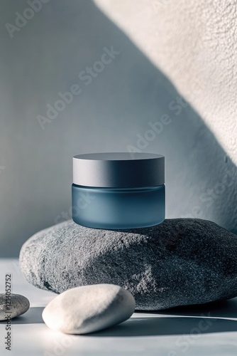 gray frosted glass cosmetic jar placed on smooth rocks,