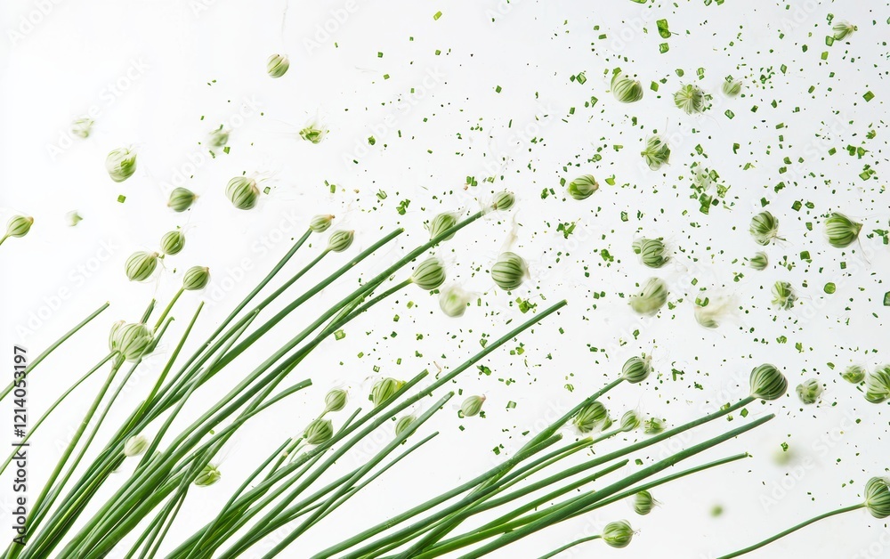Chives mid-air with delicate green splashes. Chives mid-air with delicate green splashes.