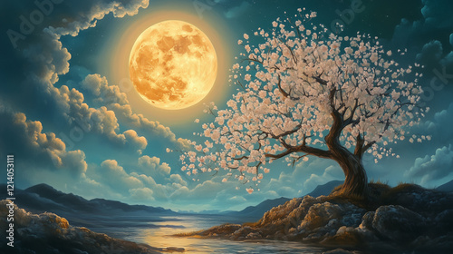 painting style illustration, full moon night shine over flower blossom tree with nature landscape