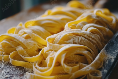 Freshly made fettuccine pasta resting on a wooden surface, dusted with flour. The pasta is long, flat, and ribbon-like, showcasing a rich yellow color.
