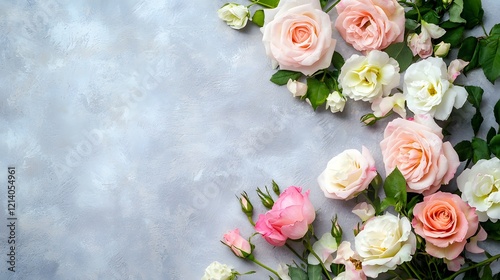 Soft delicate pastel colored roses arranged in a vintage inspired floral bouquet set against a pale gray backdrop  The romantic dreamy composition evokes a sense of nostalgia and feminine beauty