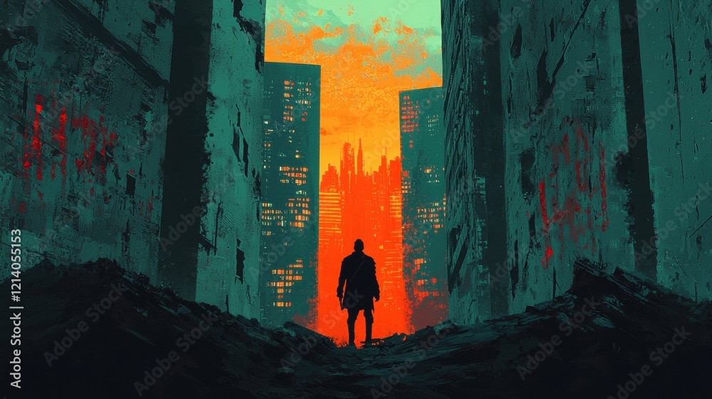 Obraz premium Desolate PostApocalyptic Cityscape A Solitary Figure Amidst Crumbling Ruins and Overgrown Derelicts