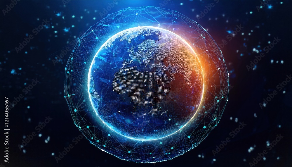 glowing digital globe in dark space, showcasing intricate connections and vibrant colors glowing digital globe in dark space, showcasing intricate connections and vibrant colors