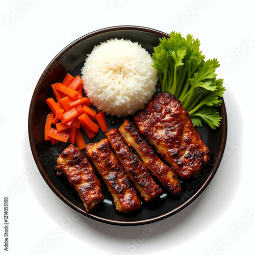 A Korean barbecue platter with marinated short ribs, kimchi, and steamed rice. Generative AI photo