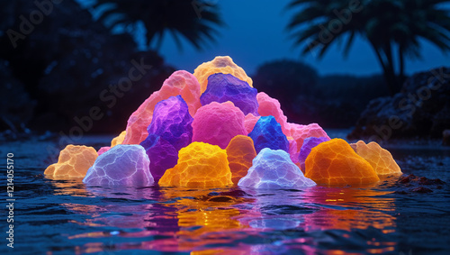 Glowing colorful rocks emerging from water at night photo