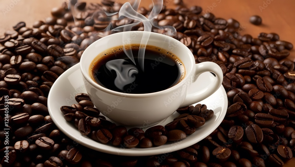 steaming cup of coffee surrounded by roasted coffee beans, creating warm and inviting atmosphere. rich aroma and dark color evoke sense of comfort and relaxation steaming cup of coffee surrounded by roasted coffee beans, creating warm and inviting atmosphere. rich aroma and dark color evoke sense of comfort and relaxation