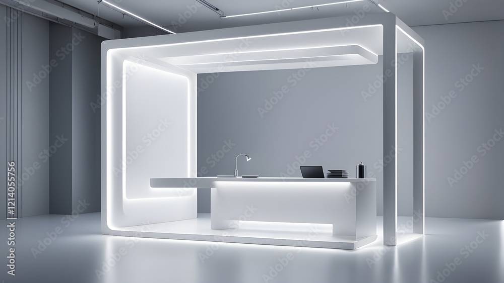 Modern minimalist white reception desk with integrated lighting in a sleek, contemporary office space. Modern minimalist white reception desk with integrated lighting in a sleek, contemporary office space.