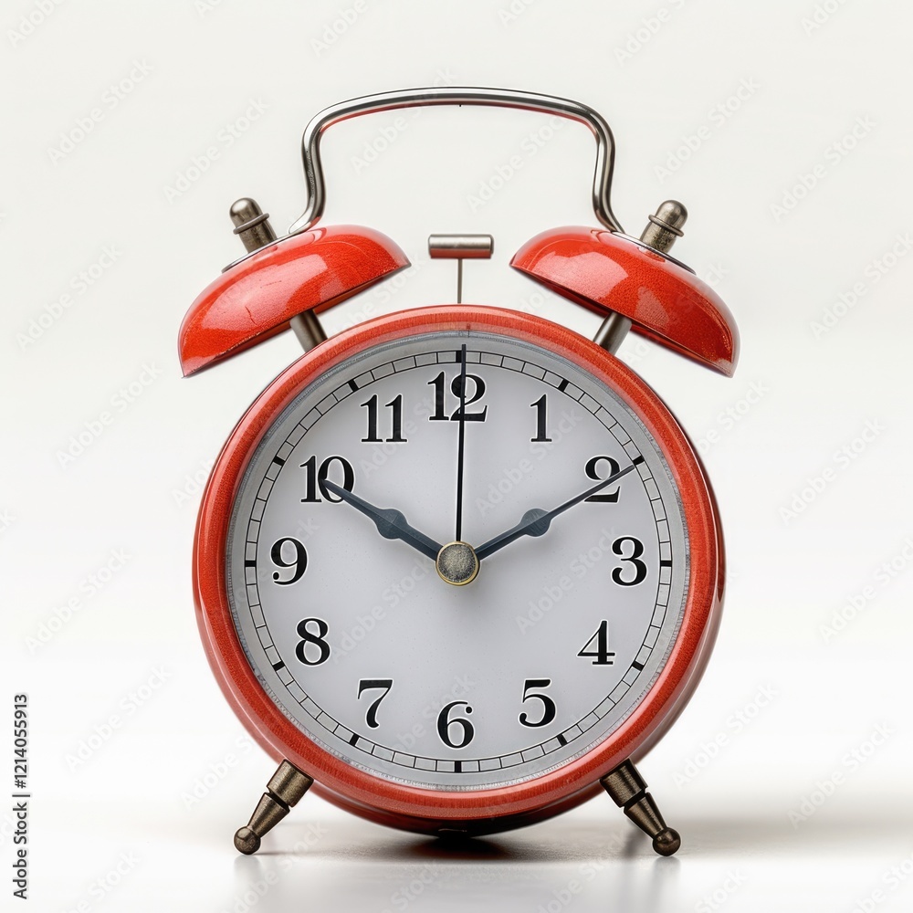 Red alarm clock showing five past one o'clock. All on white background Red alarm clock showing five past one o'clock. All on white background