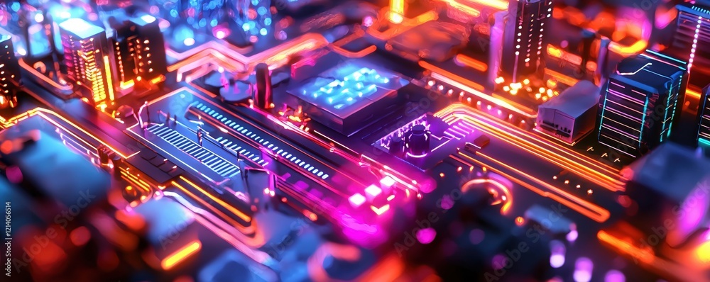 Fototapeta premium Glowing Circuit Board Cityscape with Neon Lines and Bokeh Lights in a Futuristic Style
