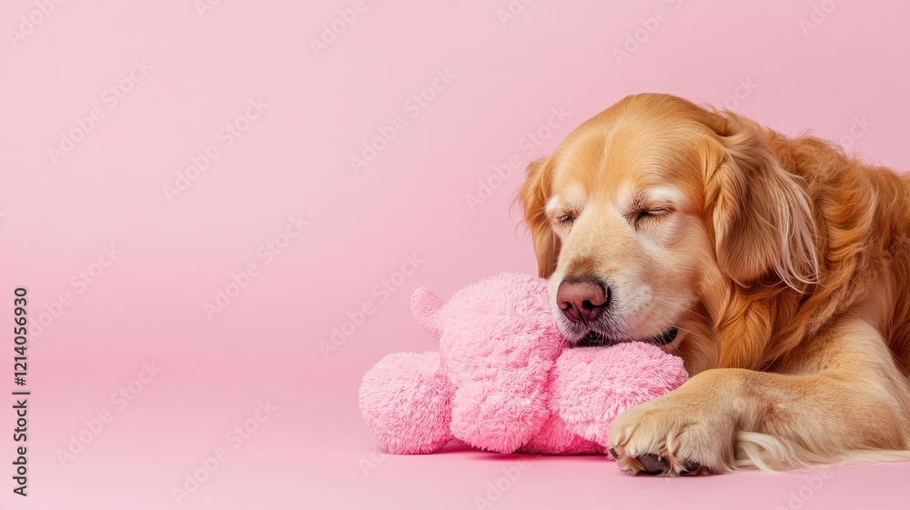 Dog playtime routines concept Golden retriever sleeping with a pink toy on a pastel background. Dog playtime routines concept Golden retriever sleeping with a pink toy on a pastel background.