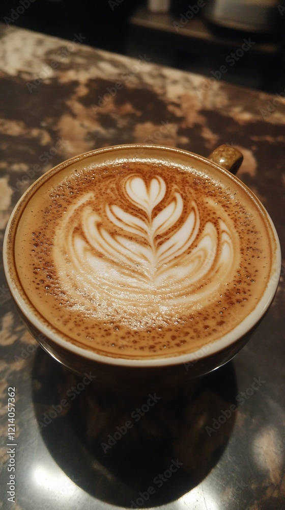 Close up of a beautifully crafted coffee latte with detailed foam art on a dark marble table Close up of a beautifully crafted coffee latte with detailed foam art on a dark marble table