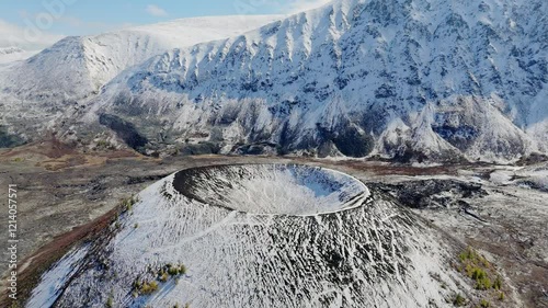 Aerial view of a large volcanic crater in sayans mountain photo