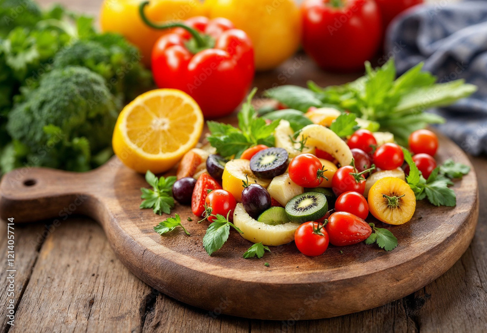 Fruits and vegetables vegetarian food on rustic wood board Fruits and vegetables vegetarian food on rustic wood board
