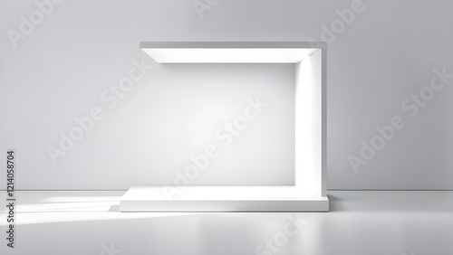 Wallpaper Mural Clean, minimalist white product display stand with subtle lighting, ideal for showcasing products or branding. Torontodigital.ca