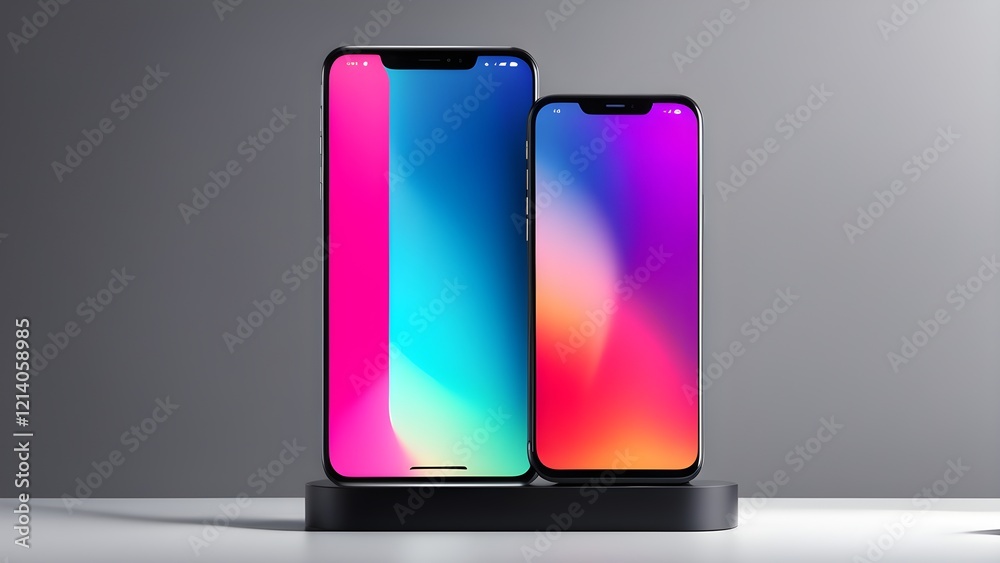 Two sleek smartphones with vibrant gradient screens displayed on a minimalist black stand against a neutral gray background.