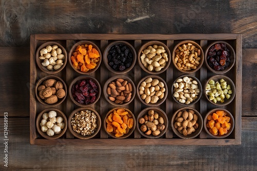 A Top-Down View of Assorted Organic Nuts and Dried Fruits photo