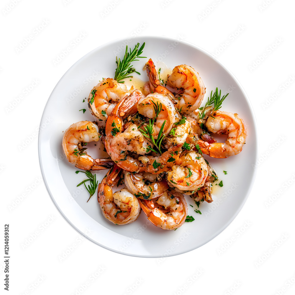 Plate of Freshly Cooked Shrimp Seasoned with Herbs. Top view. Plate of Freshly Cooked Shrimp Seasoned with Herbs. Top view.