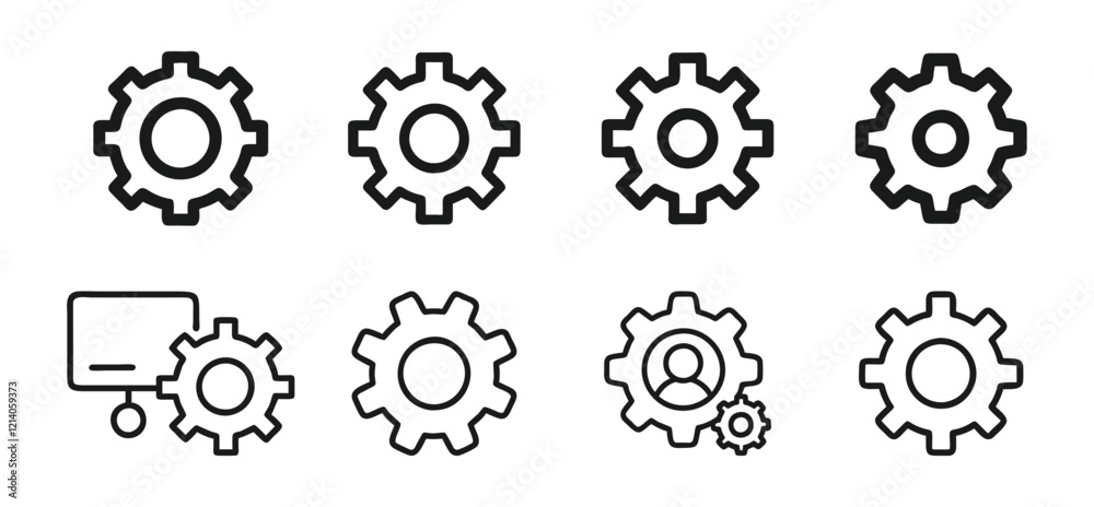 Settings gear icons pack. Vector outline and solid user profiles, icons for web and app Settings gear icons pack. Vector outline and solid user profiles, icons for web and app