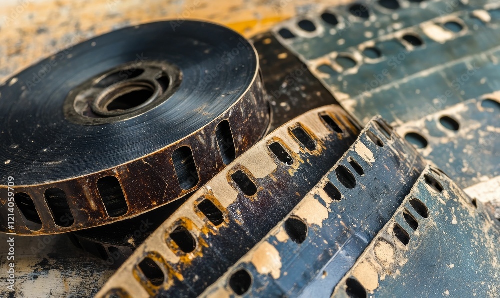 Old film strips and rolled film, damaged. Old film strips and rolled film, damaged.