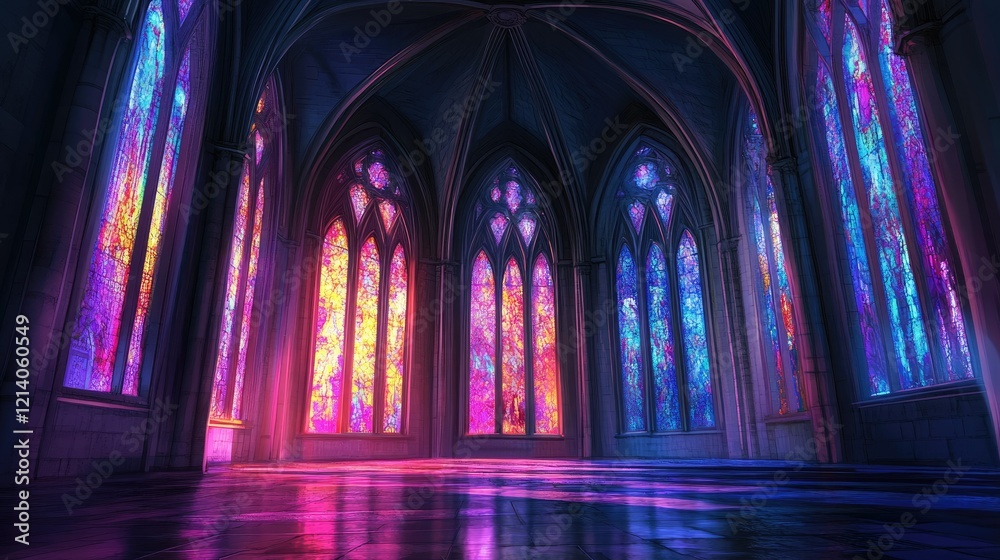 Obraz premium A gothic cathedral interior illuminated by colorful stained-glass windows, with arched ceilings creating a dramatic ambiance