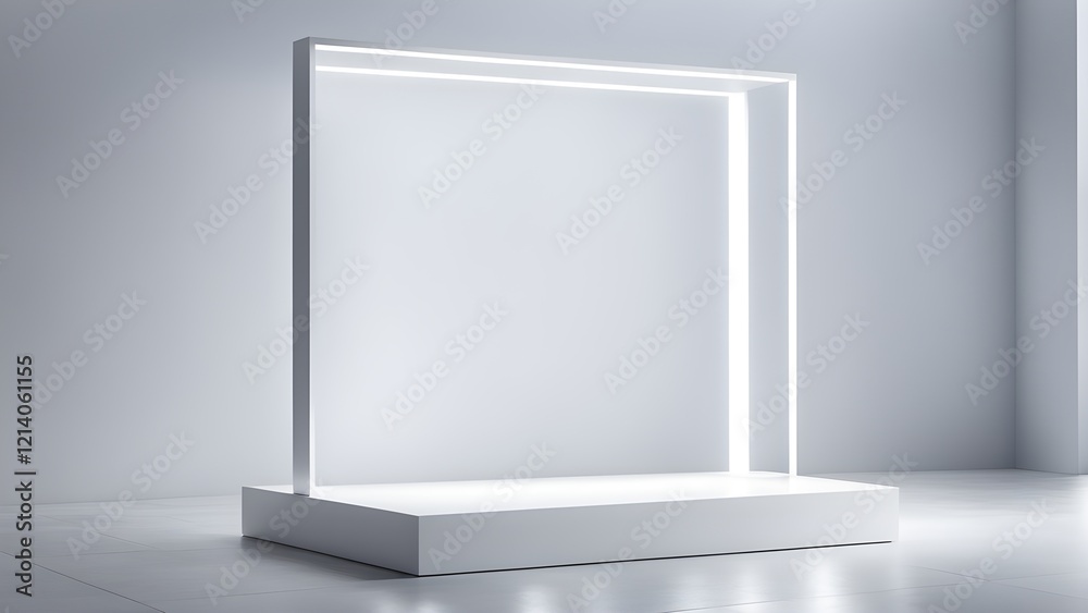 Clean, minimalist white display platform with illuminated frame, perfect for product showcase or branding mockups. Clean, minimalist white display platform with illuminated frame, perfect for product showcase or branding mockups.