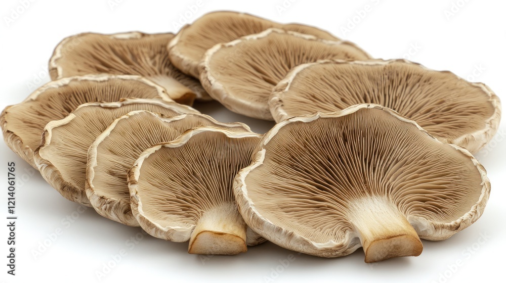 Sliced oyster mushrooms arranged on white background, food photography, cooking ingredient Sliced oyster mushrooms arranged on white background, food photography, cooking ingredient