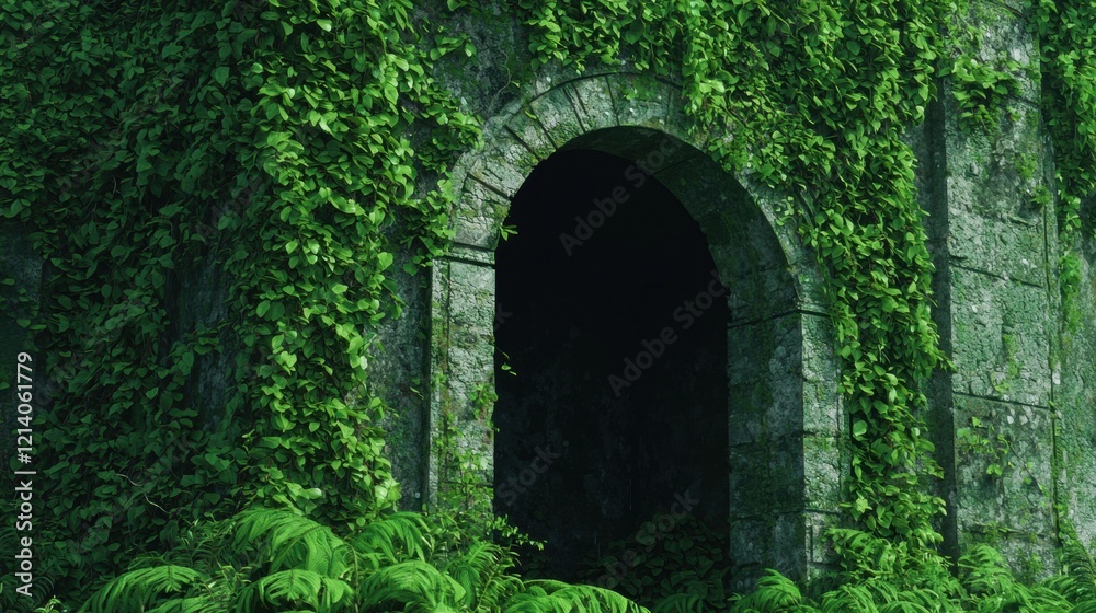 Overgrown stone archway hidden by lush vibrant greenery a mysterious mosscovered entrance awaits Overgrown stone archway hidden by lush vibrant greenery a mysterious mosscovered entrance awaits