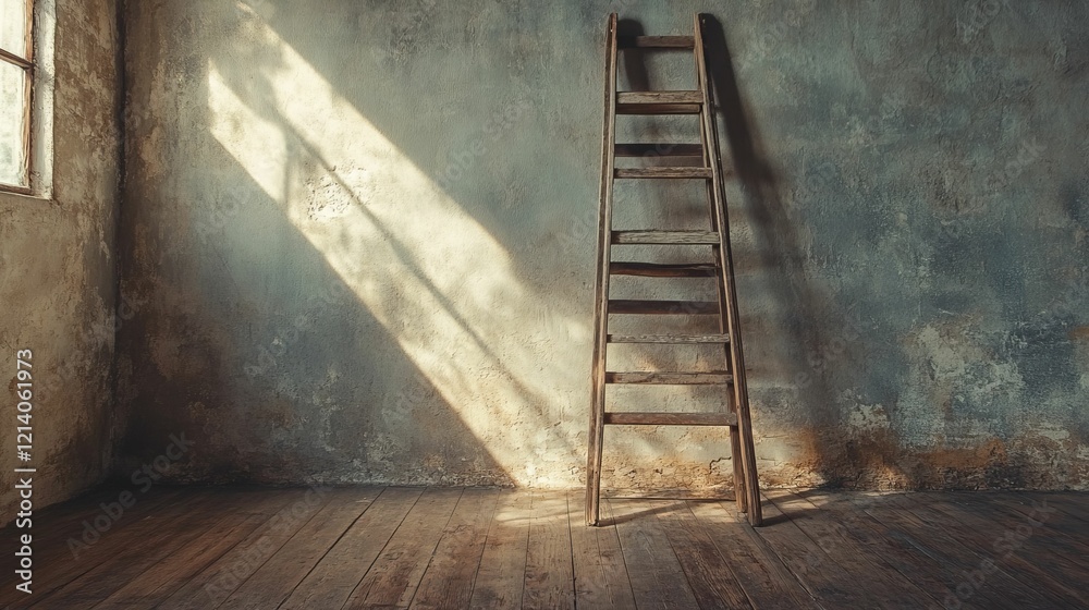 Wooden ladder in a room with textured walls. Wooden ladder in a room with textured walls.