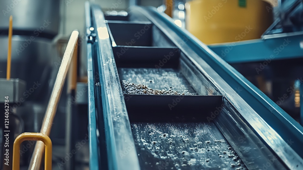 Obraz premium Conveyor belt with small rocks moving through a factory in a blue and yellow industrial setting