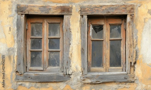 Old wooden windows on stucco wall, one broken glass.