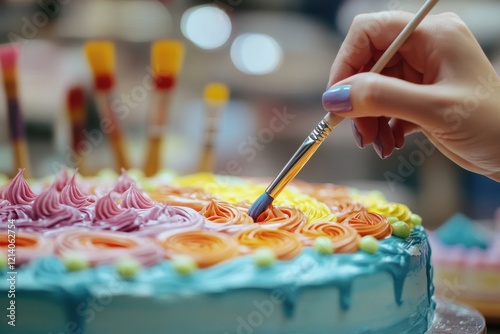 Close-up of hand creating art with colorful brushes on a canvas photo