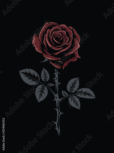 Striking Crimson Rose with Sharp Thorns on a Bold Black Background