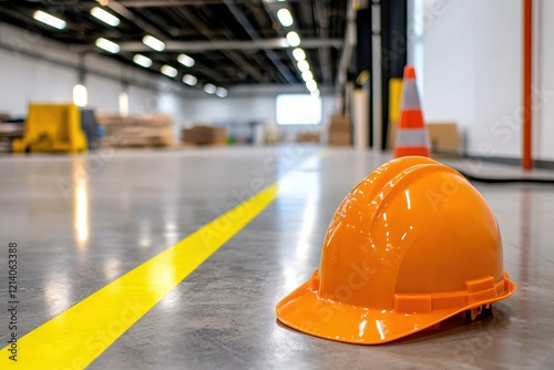 Orange hard hat on warehouse floor with yellow line and blurred background of industrial space photo
