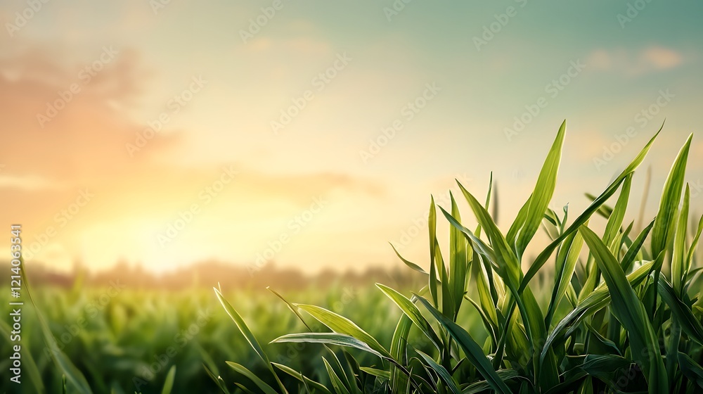 Fototapeta premium Vibrant green field and serene sunset landscape in rural countryside Lush foliage glowing light and peaceful atmosphere create an idyllic natural backdrop