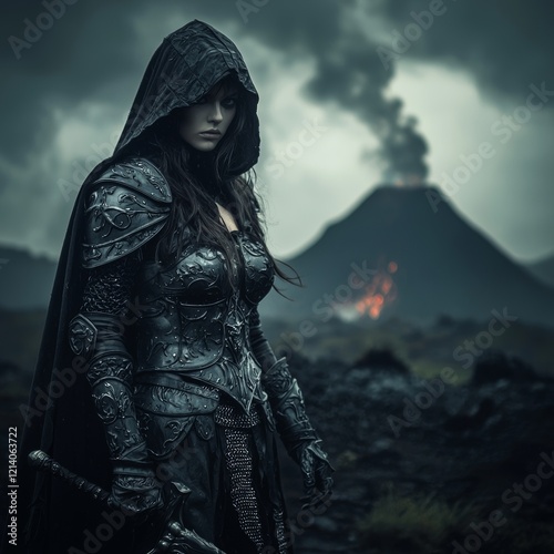 A mysterious warrior, dressed in a cloak, cape, and leather armor, prepares to unsheathe her sword as a threat draws near. 3D rendering.