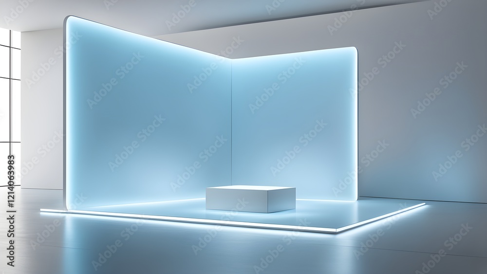Fototapeta premium Modern minimalist product display with a white cube on a light blue illuminated platform, perfect for showcasing your brand.