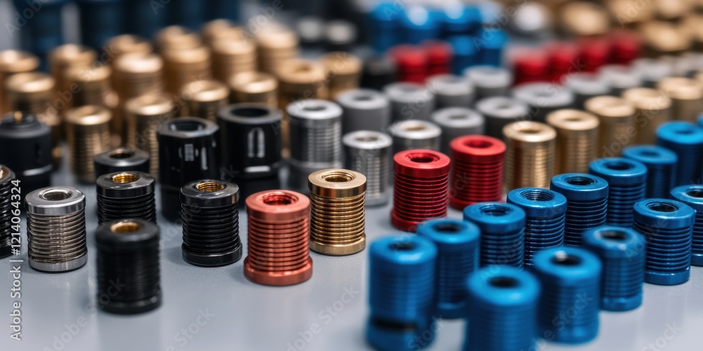 Close-up view of diverse connectors on a smooth white surface, highlighting textures and precision, Close-up view of diverse connectors on a smooth white surface, highlighting textures and precision,