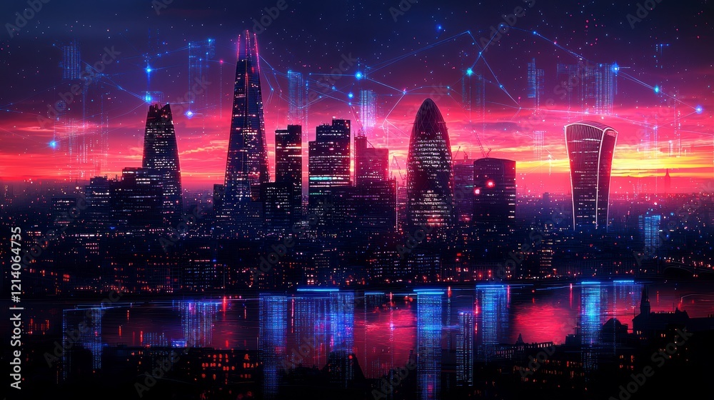 London skyline at sunset with futuristic overlay.