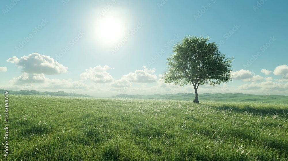 A peaceful wide-angle view of a green field with one tree standing tall, under a clear and sunny sky. A peaceful wide-angle view of a green field with one tree standing tall, under a clear and sunny sky.