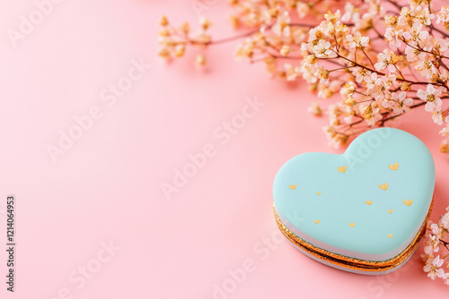 Heart shaped macaron with gold accents and pink flowers Blank background space for text