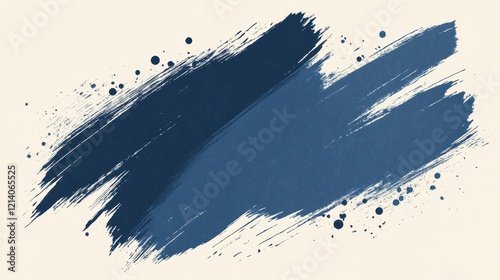 Abstract Blue Ink Brush Strokes on Beige Background.