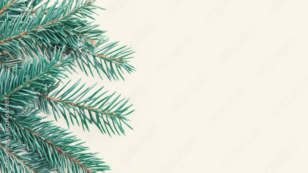 Minimalist Evergreen Branch on Cream Background with Copy Space Minimalist Evergreen Branch on Cream Background with Copy Space