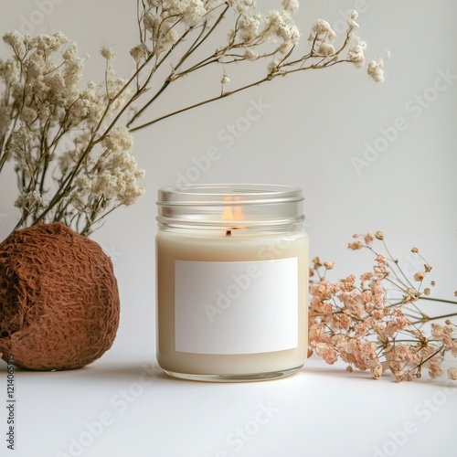 Clear glass jar candle mockup, scented candle jar with blank white label, styled interior candle design template