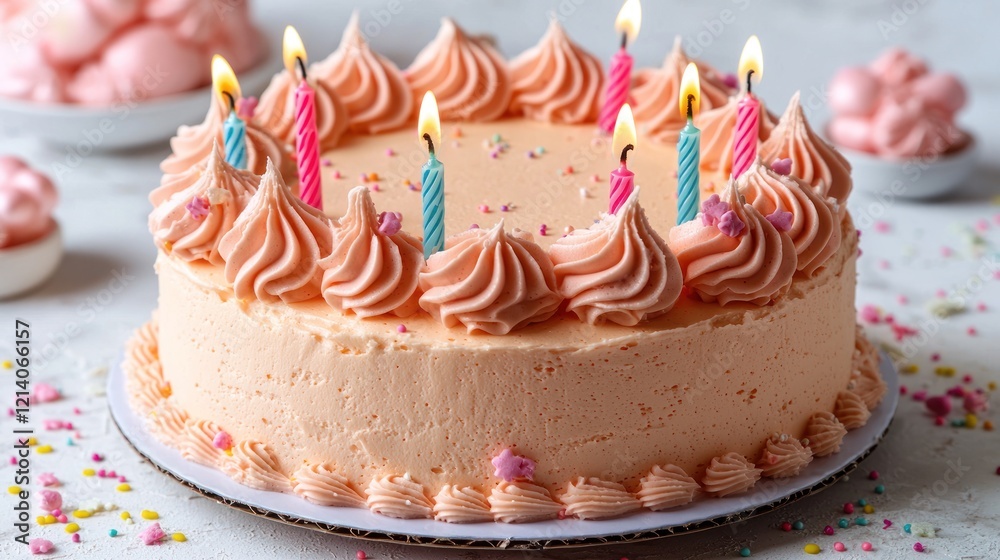 Peach-Colored Birthday Cake with Candles and Sprinkles Peach-Colored Birthday Cake with Candles and Sprinkles