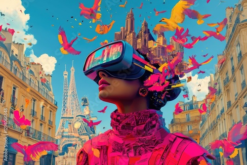 A surreal digital artwork depicting an Indian woman wearing virtual reality glasses, with various objects like buildings and animals floating around her head