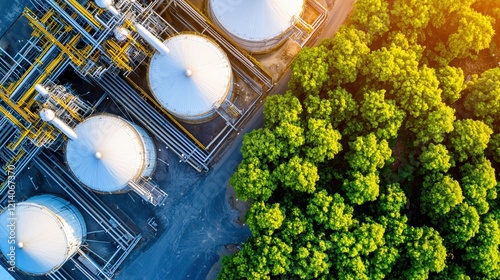 Aerial view of industrial plant with storage tanks and green trees at golden hour light