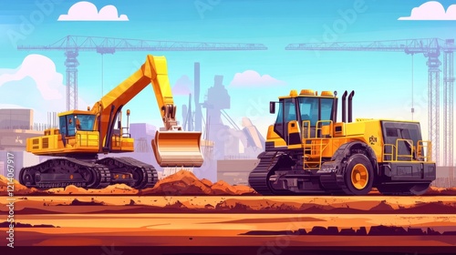 Construction site with heavy machinery, showcasing excavator and bulldozer in action amidst cranes photo