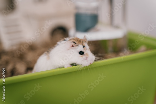 Funny white little Roborovski dwarf hamster in the cage